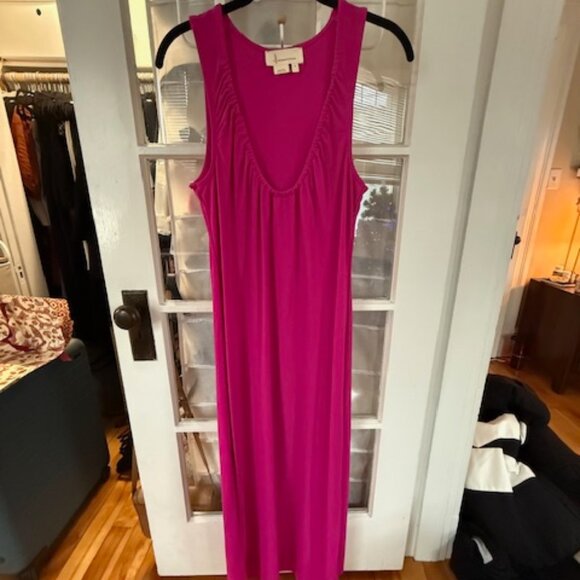 By Anthropologie Ruched Scoop-Neck Midi Dress Hot Barbie Pink Size M - Picture 2 of 4